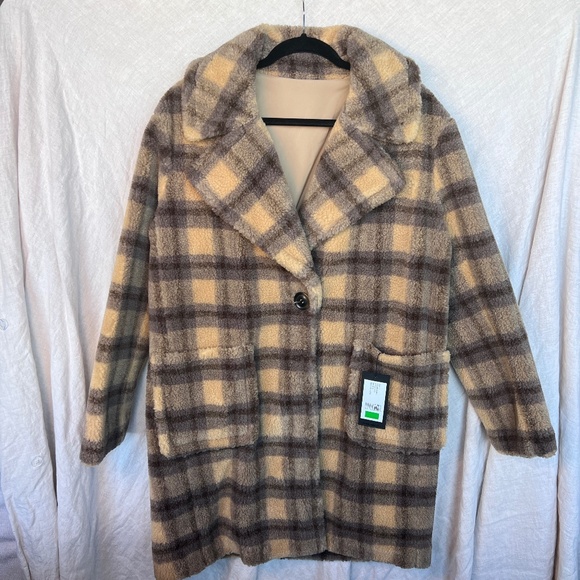 Kendall + Kylie Faux Fur Plaid Teddy Coat L - Picture 1 of 13